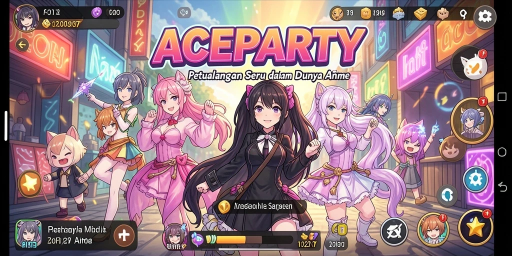 Screenshot utama ACEPARTY yang menunjukkan gameplay anime yang menarik.