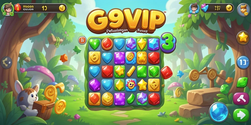 Gameplay G9VIP menampilkan keseruan mencocokkan permata.