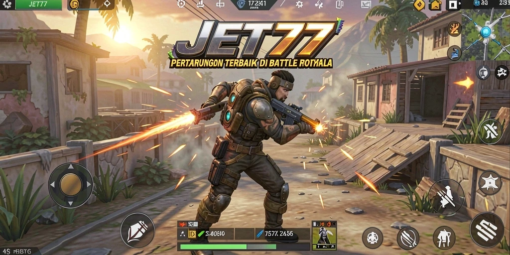 Screenshot menampilkan aksi seru dari gameplay Battle Royale JET77.