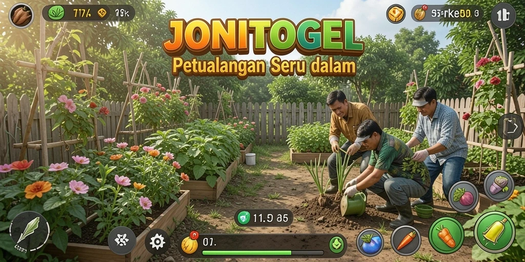 Gameplay JONITOGEL yang menampilkan kebun yang indah dan tanaman yang subur.