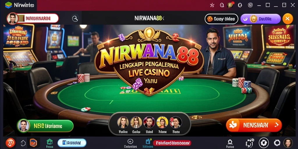 Tangkapan layar gameplay NIRWANA88 menampilkan dealer live dan suasana kasino yang nyata.